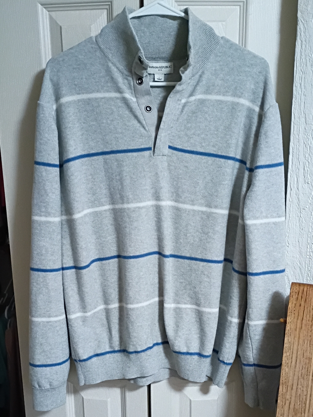 Banana Republic Gray Zip Mock-Neck Sweater with Blue & White Stripes